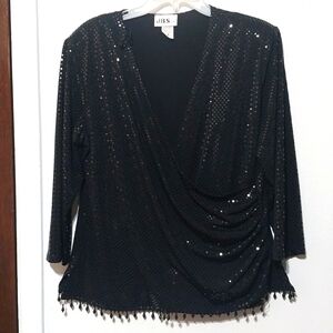 J.B.S.LTD Black Blouse w/glass Tassels around the bottom.